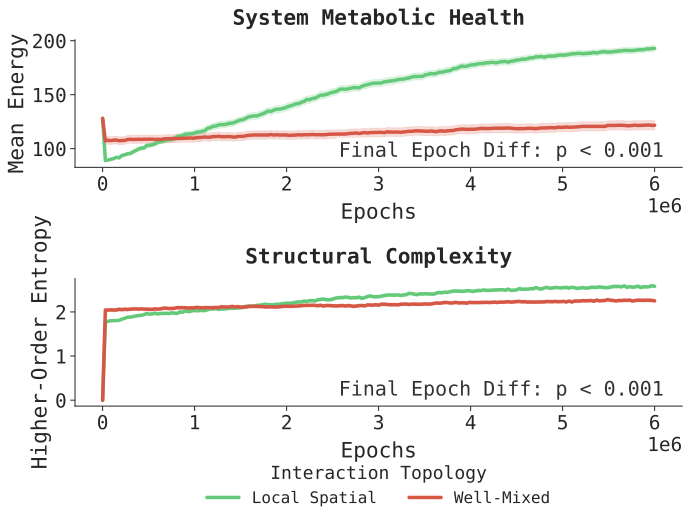 Local and well-mixed populations compared under an asymmetric energy distribution